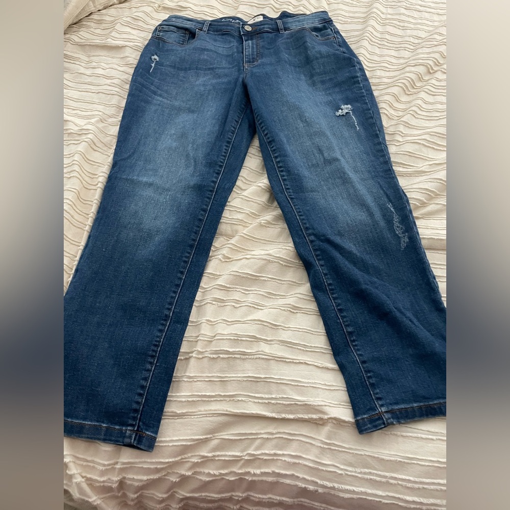 DC plus sized Blue Denim Jeans with distressing. Size 16 petite. EUC.